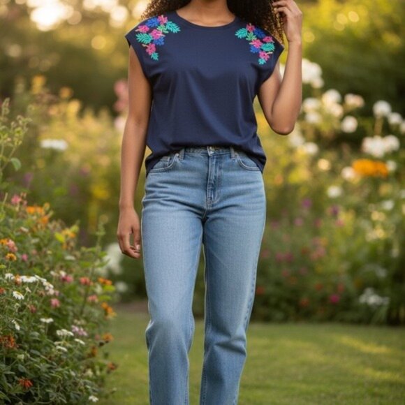 Talbots Petites Navy Embroidered Cap Sleeve T-Shirt Lp 100% Cotton, Large Petite - Picture 9 of 9